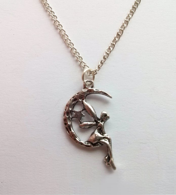 Moon Fairy Cute Celestial Necklace Silver Plate 