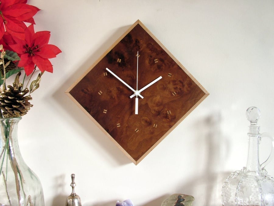 Handmade Diamond Wall Clock with burr walnut, sycamore and old ebony