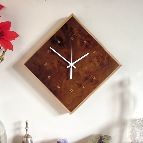 Handmade Diamond Wall Clock with burr walnut, sycamore and old ebony