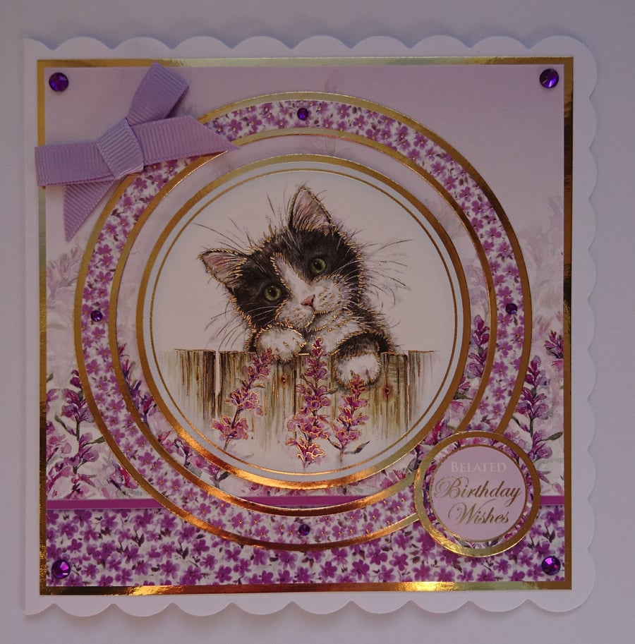 Belated Birthday Card Wishes Black White Cat Social Distanced 3D Luxury Handmade