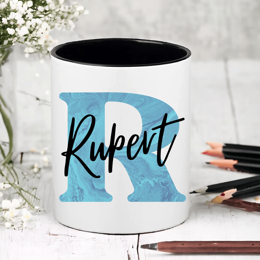 Personalised Blue Marble Initial and Name Personalised  Pen  - Pencil Pot