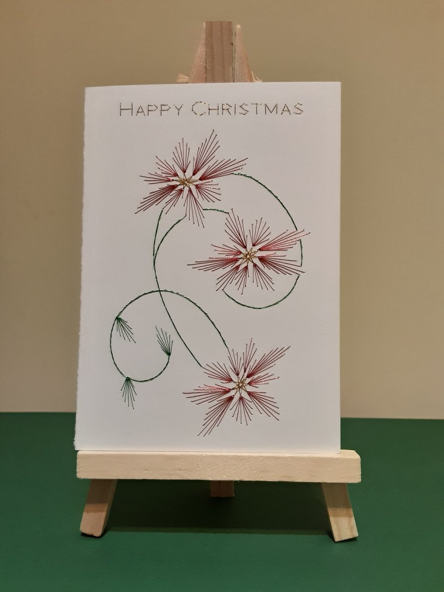 Christmas Poinsettia. Hand Embroidered Christmas Card.