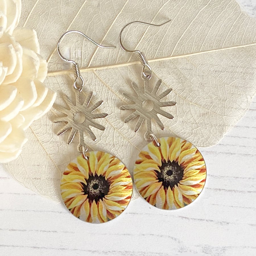 Sunflower and sun earrings, discs dangle from sterling silver ear wires E19-719