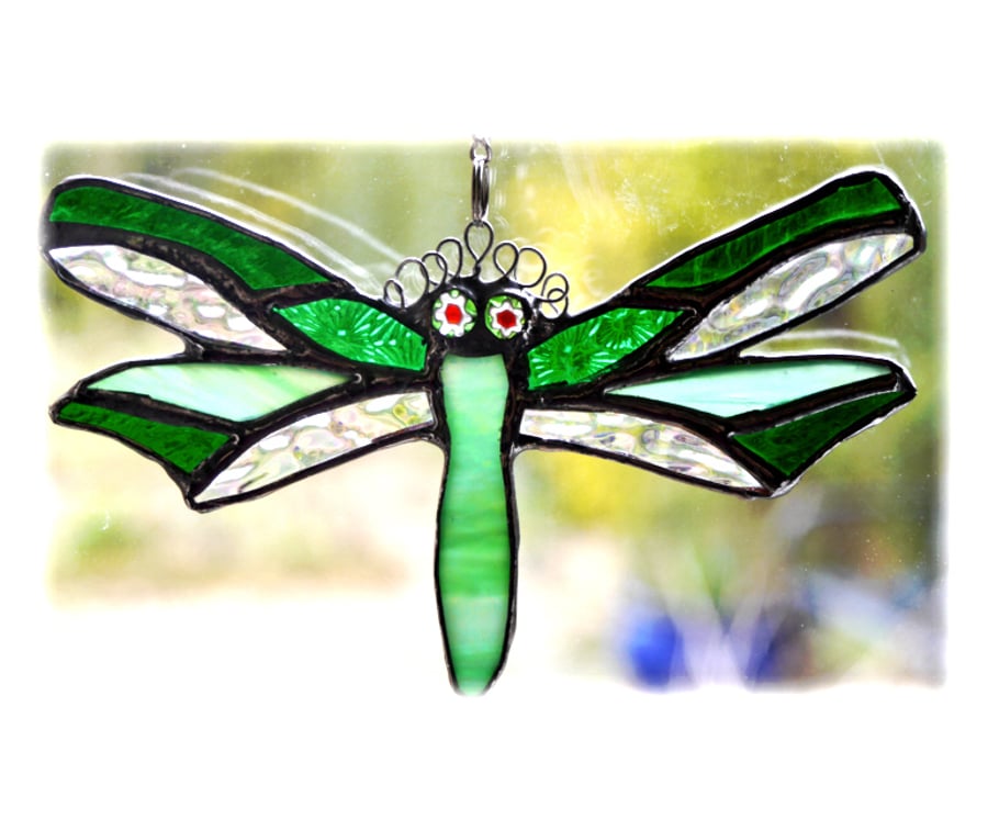 Dragonfly Suncatcher Green Handmade Stained Glass 034