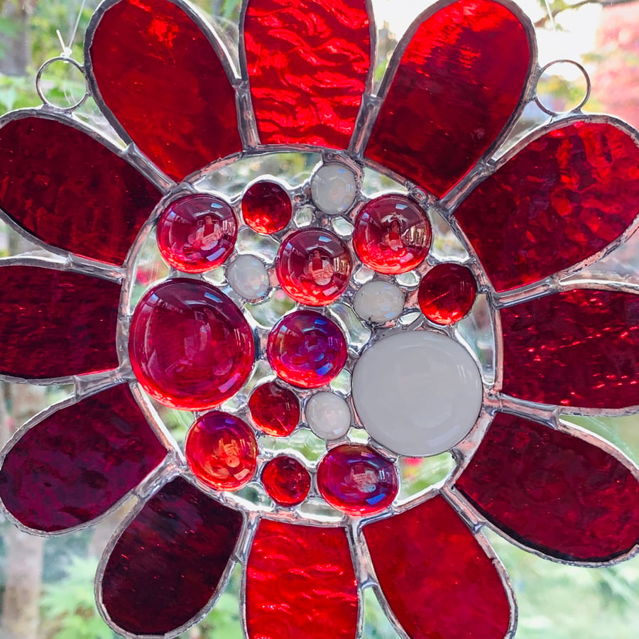 Stained Glass Bead Daisy Suncatcher - Handmade Window Decoration - Red