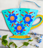 Wooden teacup hanging with blue green flowers for cottage core kitchen décor 