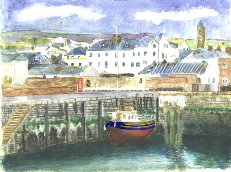 Peel Harbour Beach watercolour Print Seascape Isle of  Man