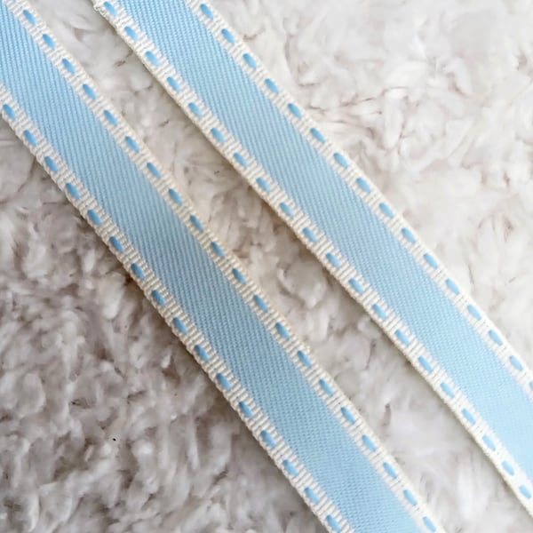 1 m pale blue grosgrain ribbon stitched with white 15mm wide for crafting