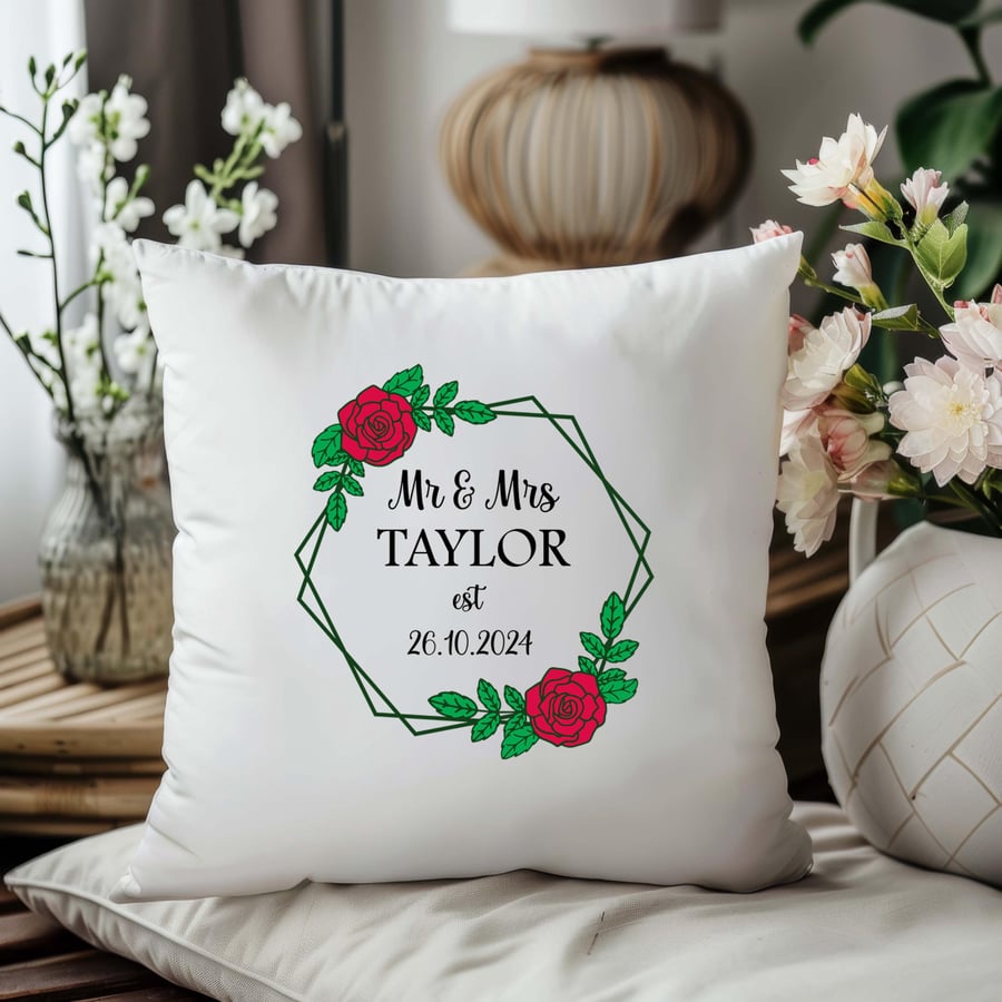 Red Rose Wedding cushion personalised, Mr and Mrs gift, custom wedding present