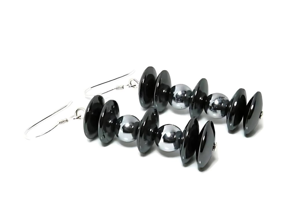Glossy Silver Hematite Sterling Silver Earrings With Hematite Rondelle Beads