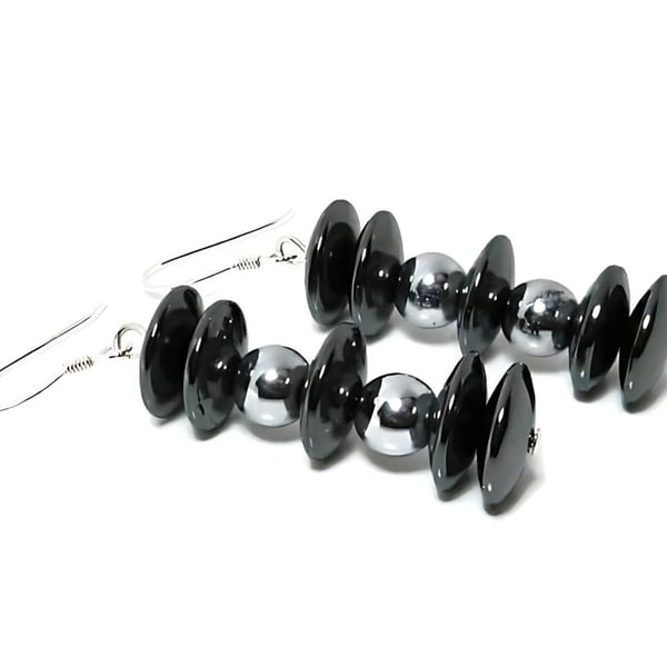 Glossy Silver Hematite Sterling Silver Earrings With Hematite Rondelle Beads
