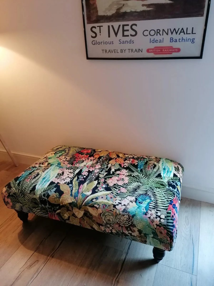Handmade upholstered coffee table, large footstool in Linwood Rainforest Rabble