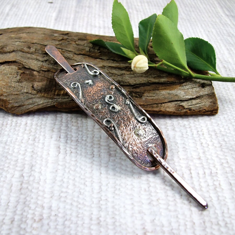 Hair Barrette, Copper Hair Slide with Sterling Silver Scolls Accents