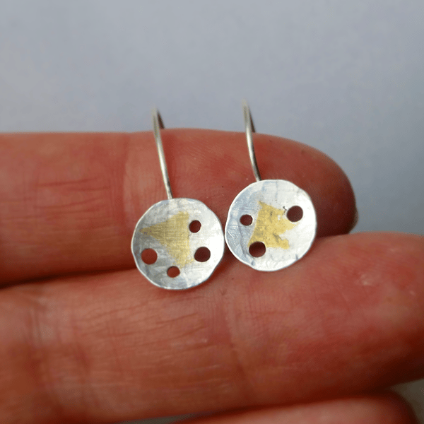Textured Disc Silver Drop Earrings with little gold detail.