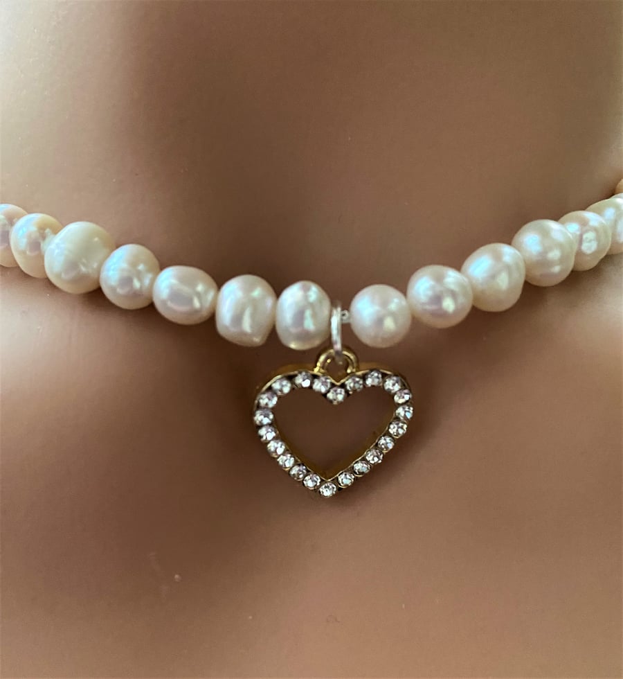 Rhinestone Heart Necklace Valentines Necklace Freshwater Pearl Necklace 