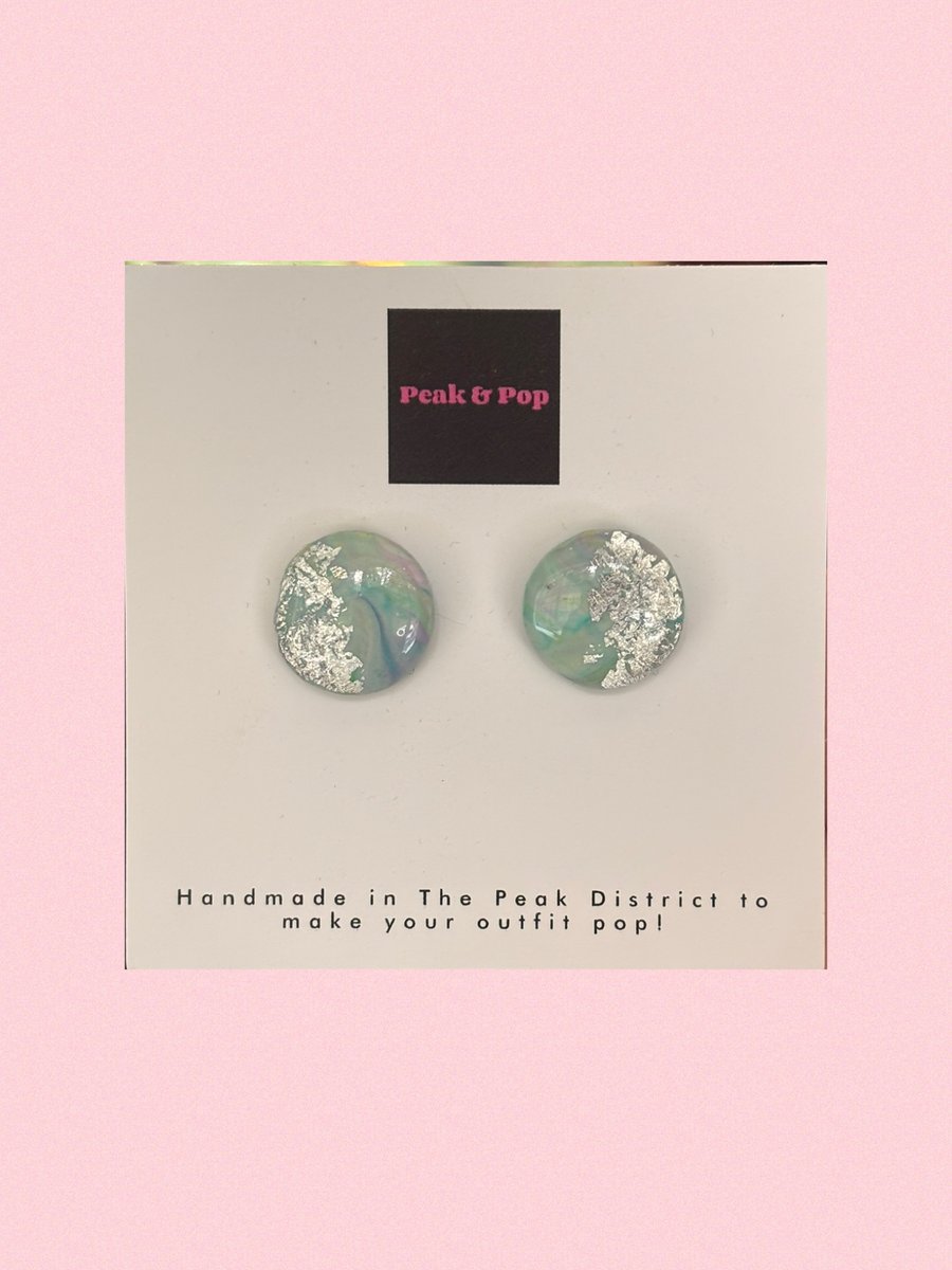 Pastel Marble & Silver Foil Earrings – Round Statement Studs