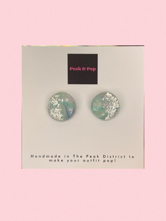 Pastel Marble & Silver Foil Earrings – Round Statement Studs