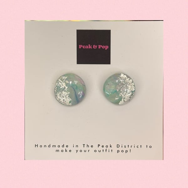 Pastel Marble & Silver Foil Earrings – Round Statement Studs