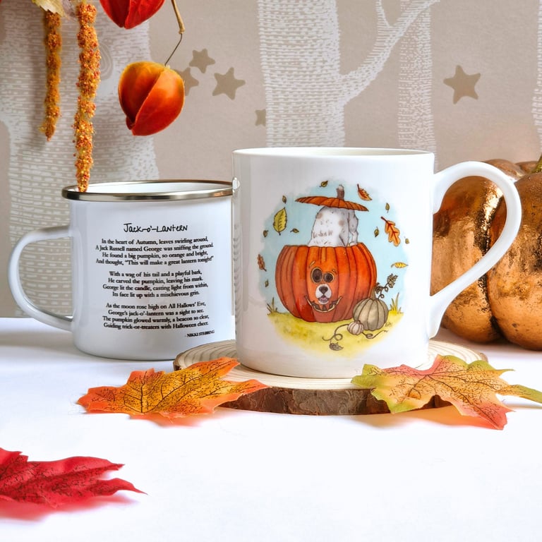 Personalised Autumn Pumpkin Dog Mug - "Jack-O'-Lantern" (Bone China or Enamel)