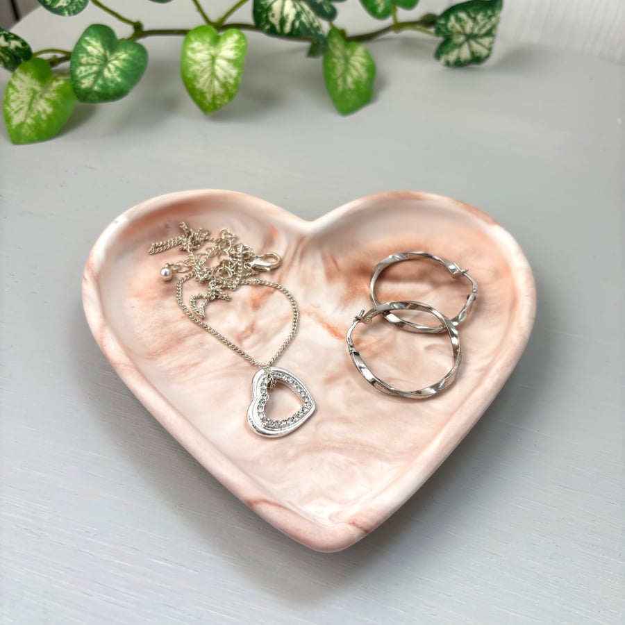Blush Pink Marbled Heart Trinket Dish - Ceramic Style Jewellery Tray