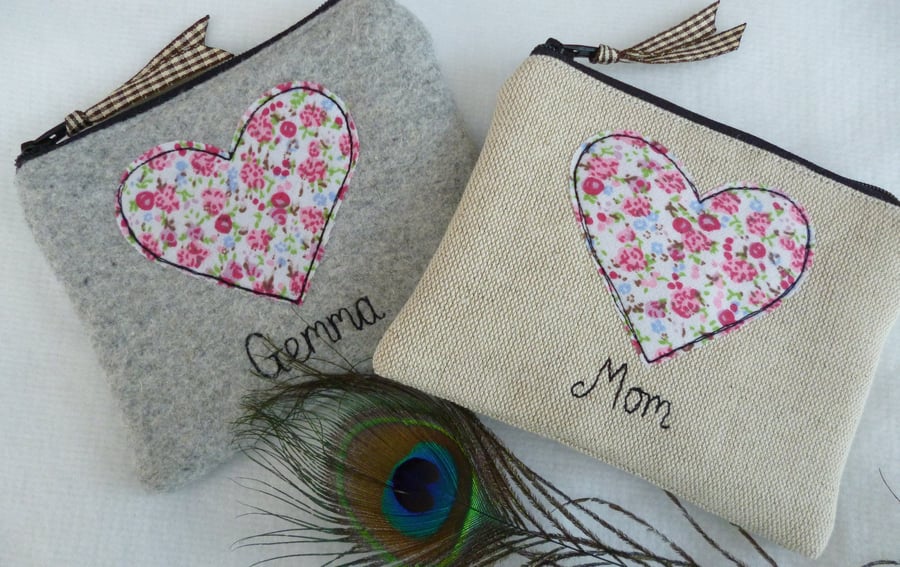 Personalised Heart Coin Purse - Vintage Floral Love Motif on Linen or Grey Wool 