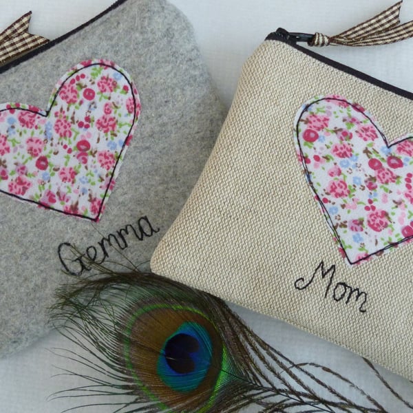 Personalised Heart Coin Purse - Vintage Floral Love Motif on Linen or Grey Wool 