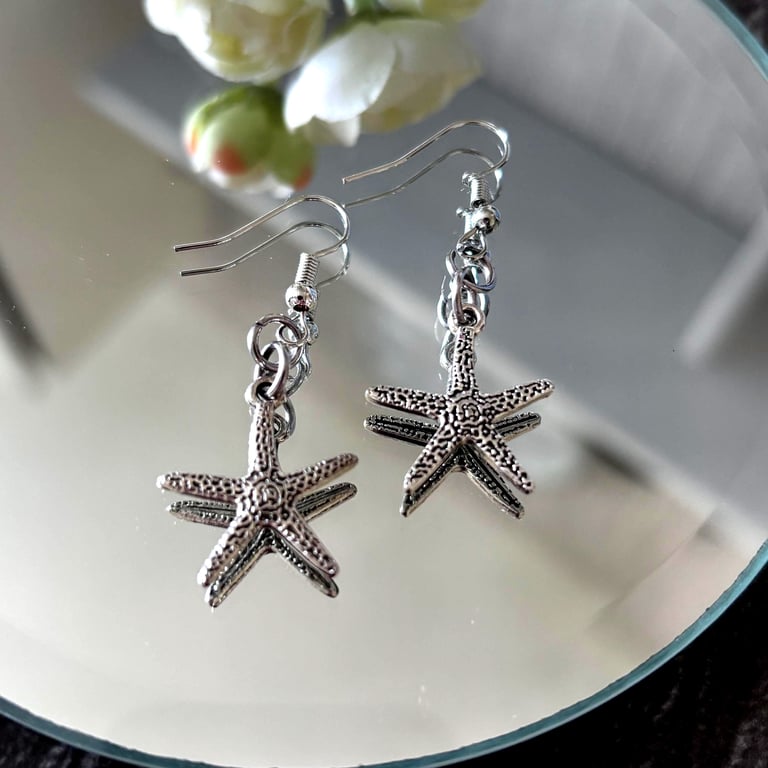 Starfish Dangle Earrings:Silver,  Hypoallergenic, Beach Theme Jewellery