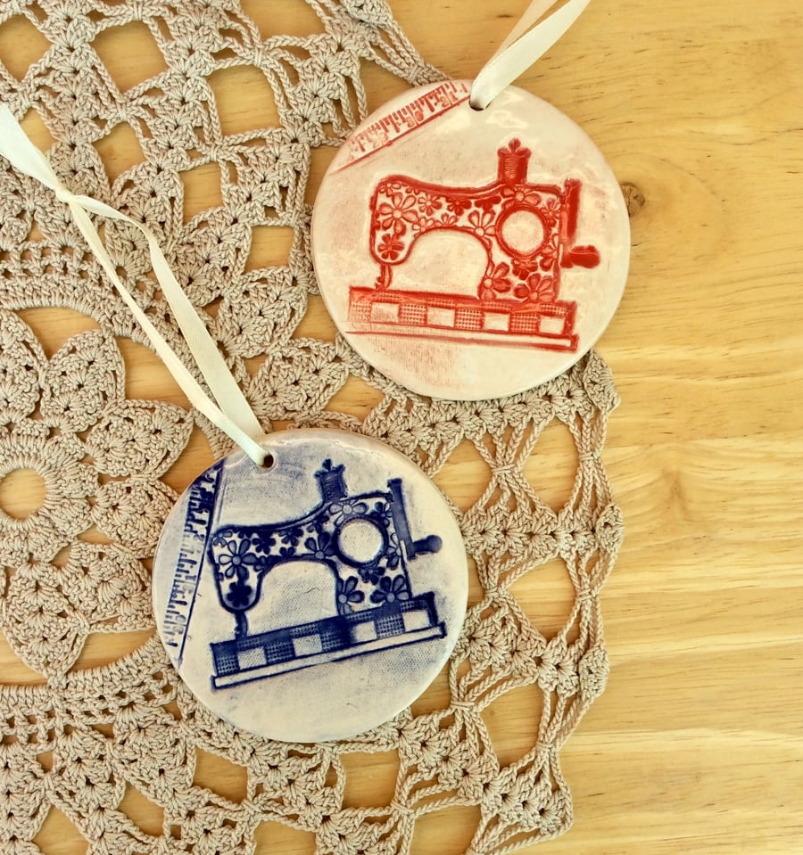 Sewing machine hanging ornament, blue red or teal ceramic wall home decor 1LL