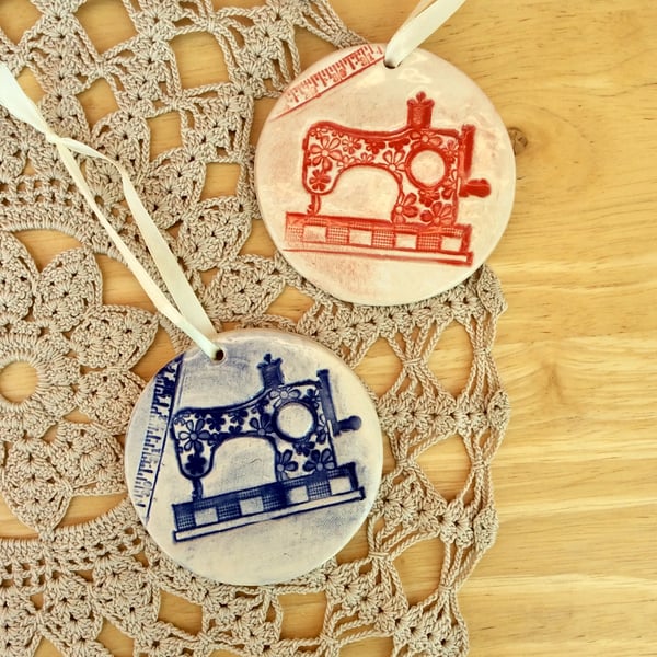 Sewing machine hanging ornament, blue red or teal ceramic wall home decor 1LL