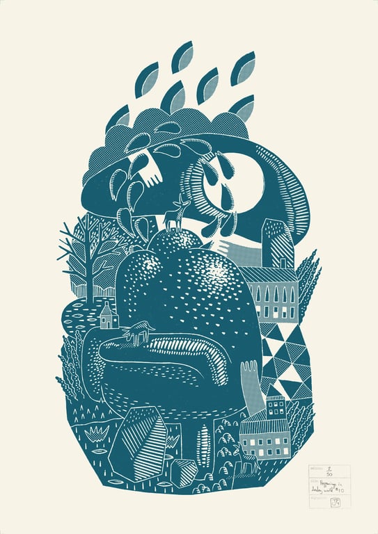 Happenings in Donkey World No.10 one-colour A2 linocut screen-print