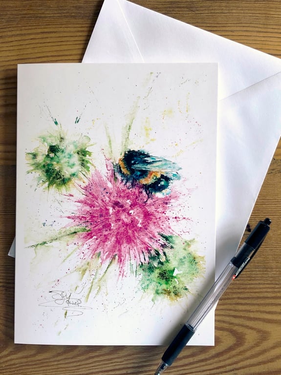 Bee Nice Card, A5 blank greeting card with a watercolour of a bee and flower