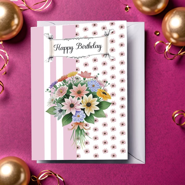 Floral Handmade Birthday Card with Decorative Background Size 5" x 7"