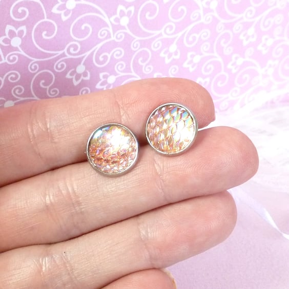 Peach iridescent mermaid earrings, bright studs with stainless steel