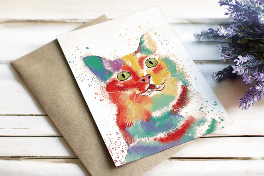 Watercolour cat blank card 6x4"