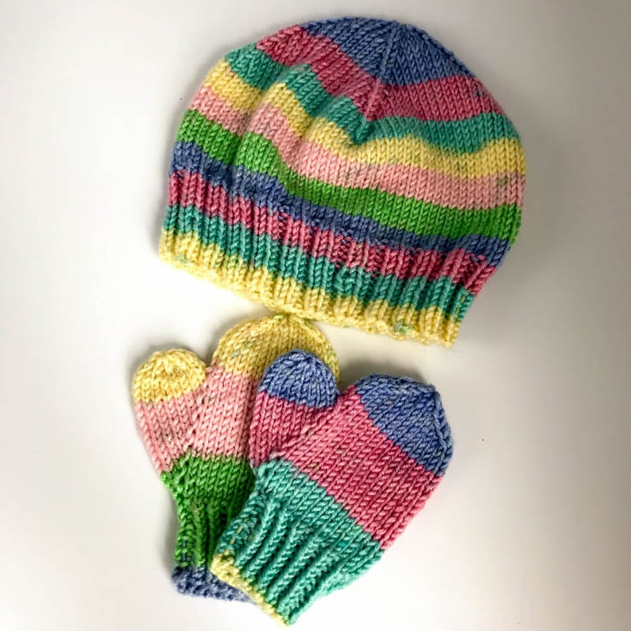 Hand Knitted baby hat and mitten set 3-6 months multicolour stripes