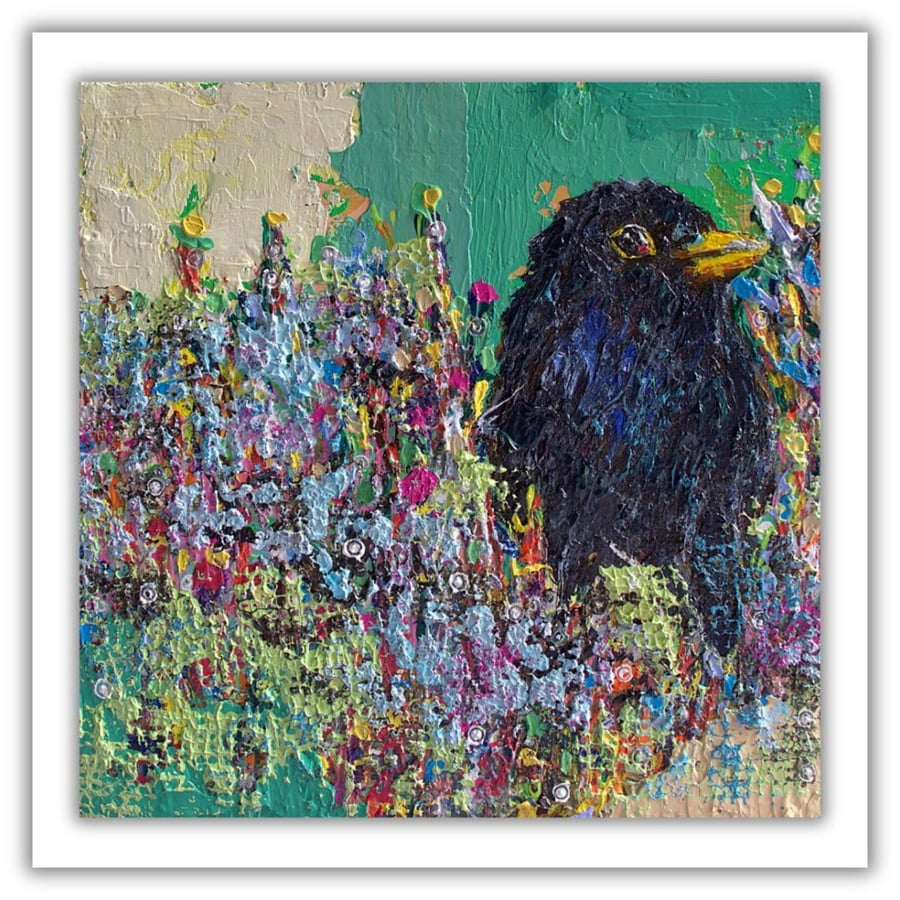 Framed impasto blackbird painting - acrylics - cold wax -  British wildlife