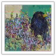 Framed impasto blackbird painting - acrylics - cold wax -  British wildlife