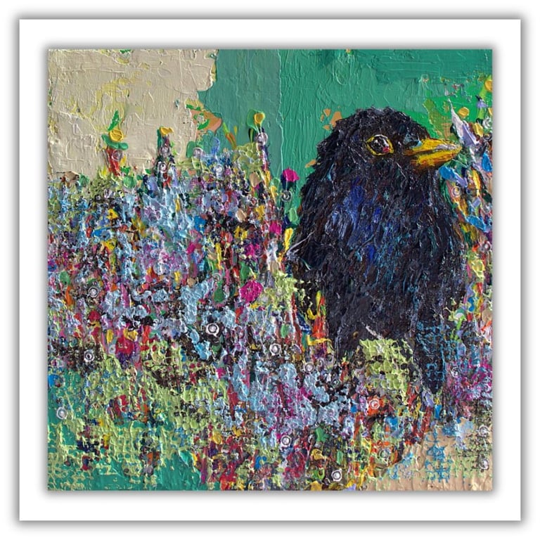 Framed impasto blackbird painting - acrylics - cold wax -  British wildlife