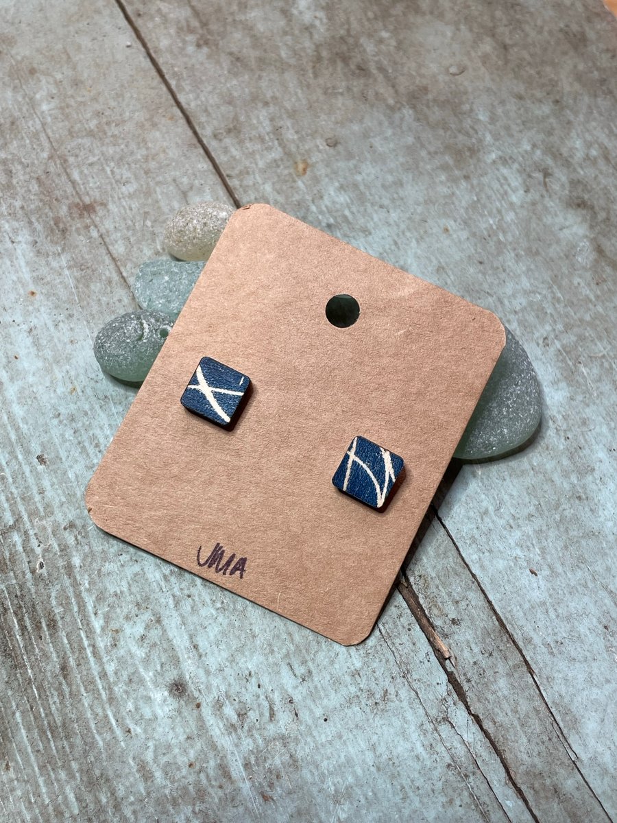 Square shape wooden print stud earrings handmade