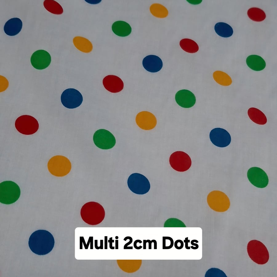 1 Metre Multi Coloured 2cm Polka Dots Lightweight Poycotton Fabric 1.12m Wide