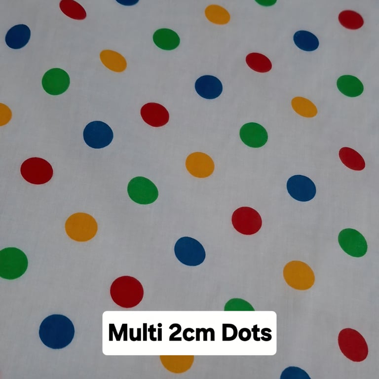 1 Metre Multi Coloured 2cm Polka Dots Lightweight Poycotton Fabric 1.12m Wide