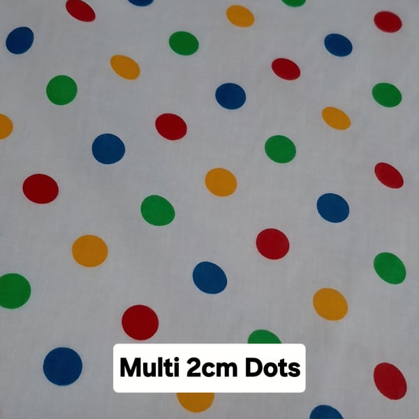 1 Metre Multi Coloured 2cm Polka Dots Lightweight Poycotton Fabric 1.12m Wide