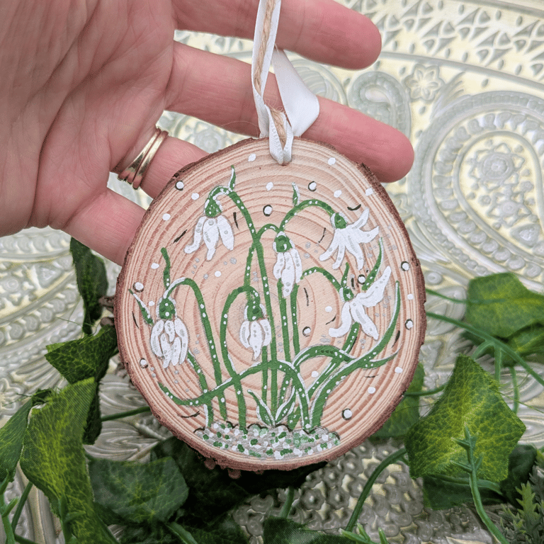 Snowdrop hand-painted Christmas log slice decoration 