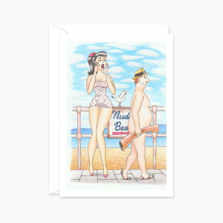 Nudist Beach Greetings Card: Hand Drawn Postcard Style Artwork (802)