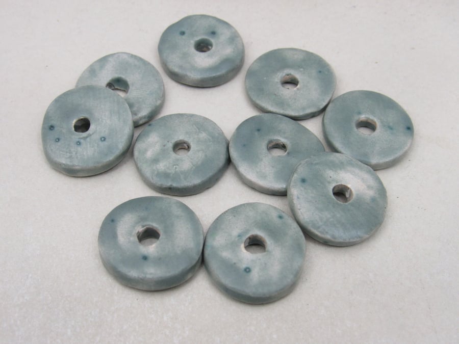 10 Medium Sage Green Glazed Ceramic Washer Beads