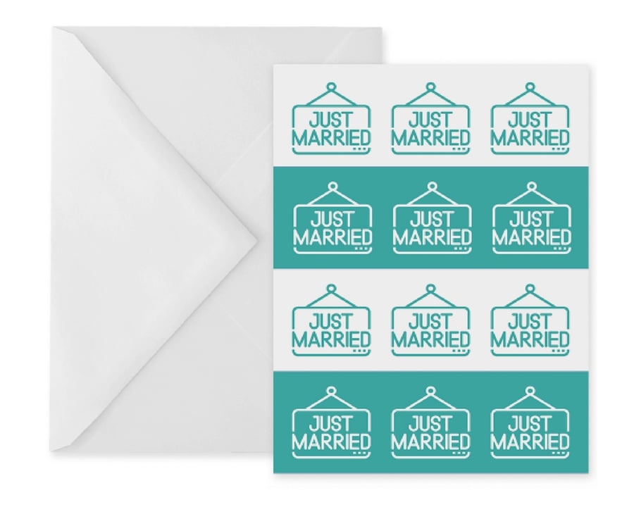 Wedding Card With Just Married Illustrations On Teal Stripes