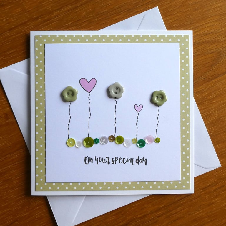 Birthday Card - Flowers, Hearts and Sequins - Green