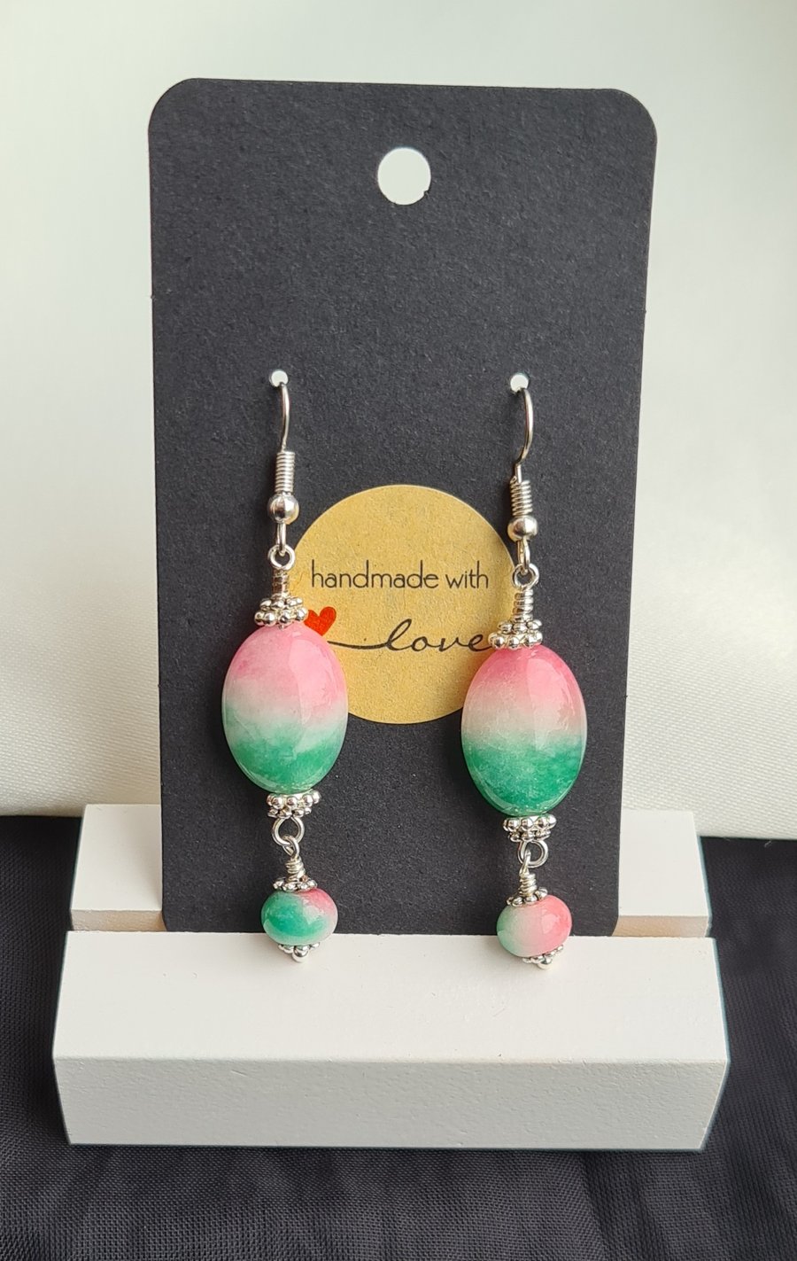 Gorgeous Watermelon Gemstone Oval Bead Earrings with Dangle