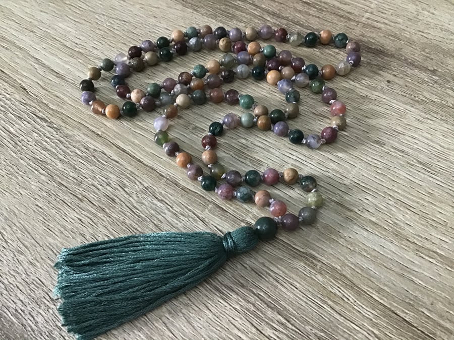 Indian and Moss Agate hand knotted (108) beaded long tassel necklace (6mm) beads
