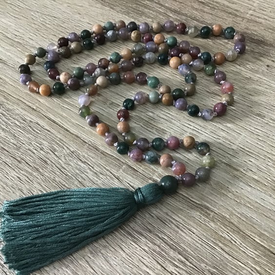 Indian and Moss Agate hand knotted (108) beaded long tassel necklace (6mm) beads